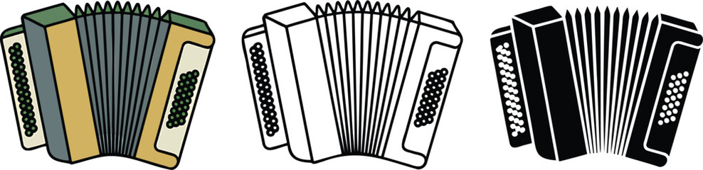 Accordion silhouette & Outline and illustration set isolated on transparent background