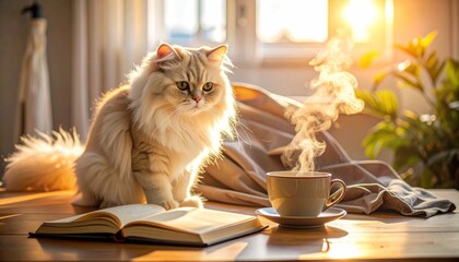Fluffy cat beside open book and steaming cup in cozy sunlight