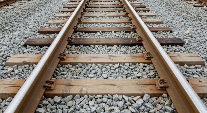Close-up of train tracks stretching into distance, gravel surrounds
