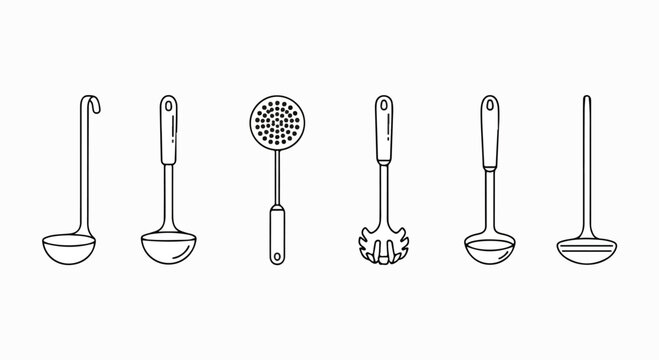 A variety of kitchen utensils including a lemon squeezer, melon baller, and potato masher Vector
