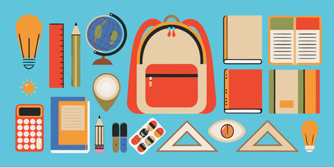 Colorful illustration depicting various school supplies and learning tools