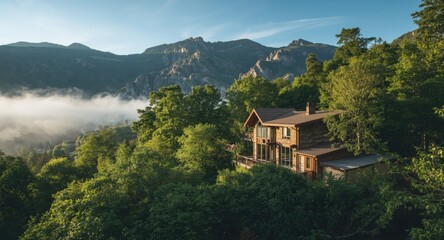 View of a house in the morning featuring elevated mountain terrain and abundant foliage