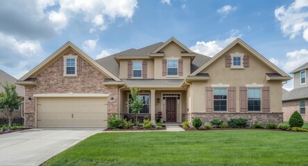 Attractive beige suburban home combining traditional style and contemporary touches