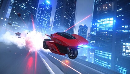 Futuristic red vehicle speeds through a city with explosions and beams