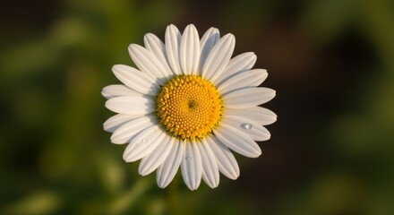 Obraz premium Close-up of white daisy flower with dew drops on green
