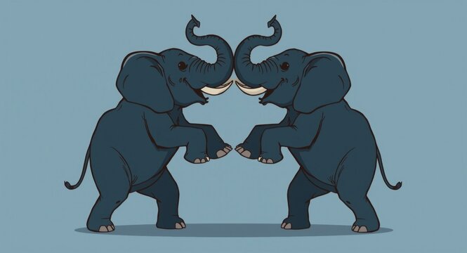 Cartoon style silhouette of male elephants ready for threats while fighting for mating rights