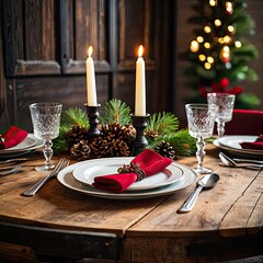 christmas dinner table setting, Holiday dinner table with candles, pinecones, red napkins, cozy warm tones