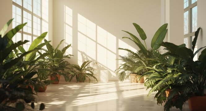 Natural light filled airy interior with floor plants and expansive windows casting soft shadows and copy space