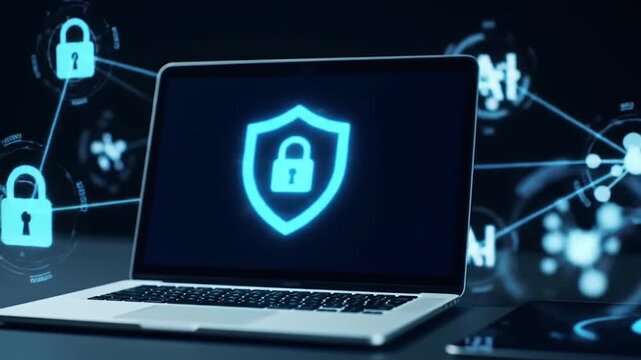 Cyber Fortress: A Laptop displaying a digital shield and padlock, symbolizing robust cybersecurity, connected to a network of encrypted nodes.