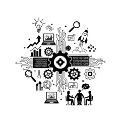 Business and technology vector illustration with gears, laptop, rocket, and people.