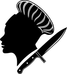 Professional Chef Silhouette and Kitchen Knife Logo Template Vector Monochrome