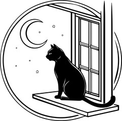 Black Cat Silhouette on Window Staring at Crescent Moon Night Sky Graphic Vector