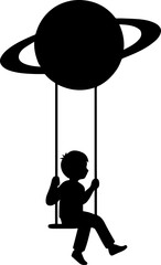 Boy Silhouette Swinging from Saturn Planet Imagination and Space Dream Concept Black Vector Graphic Illustration
