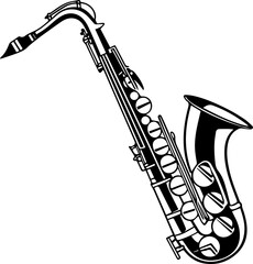 Black and White Vector Silhouette of a Saxophone Musical Instrument for Jazz Blues and Music Designs