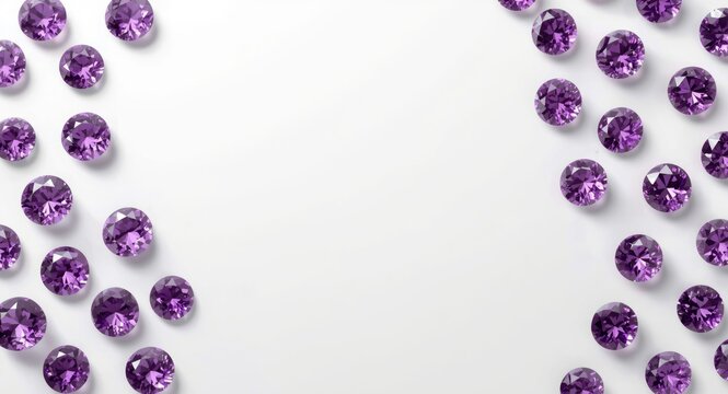 white minimal background adorned by purple diamond cut gems suitable for copy space