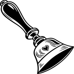 Black and white vintage hand bell vector illustration with heart icon in retro tattoo style