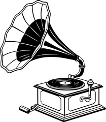 Classic Vintage Gramophone Vector Icon Black and White Outline Drawing Antique Record Player