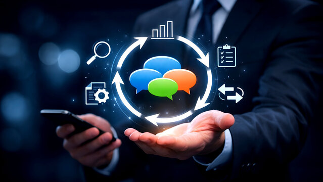 "A businessman applies feedback loop strategies, leveraging digital communication to refine workflows and decisions, guided by PDCA and OODA cycles for ongoing success."
