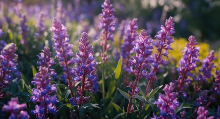 Obraz premium Vibrant purple blue flowering salvia nemorosa plants blooming in a landscaped garden