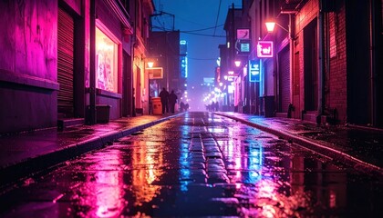 Neon-lit city street reflects in rain, figures walk into the distance