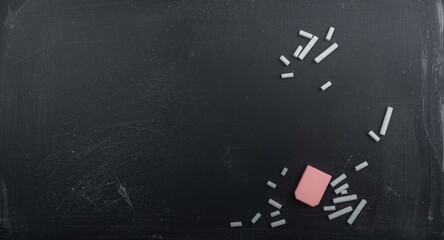 Flat chalkboard with chalk pieces and a soft eraser on side