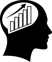 Growth Mindset Concept Icon Black Silhouette of Human Head with Progress Bar Chart and Rising Arrow Inside Brain Vector