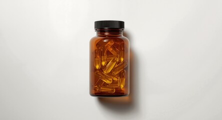 Brown tinted glass bottle of fish oil softgel capsules with omega 3 and vitamin D on white background