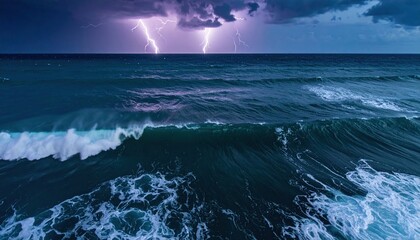 Stormy ocean view with electric sky flashing