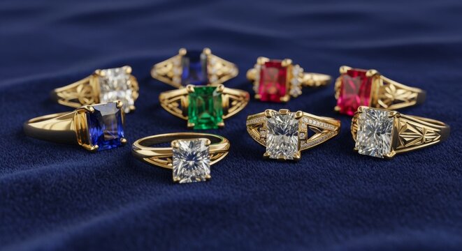 Collection of gold rings with colorful rectangular gemstones on blue fabric