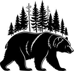 Black Bear Silhouette Walking in Pine Forest Vector Logo Illustration