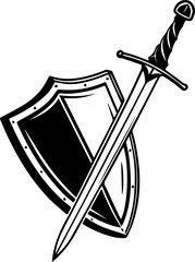 Black and White Vector Illustration of Medieval Sword and Shield Emblem Graphic Design Element