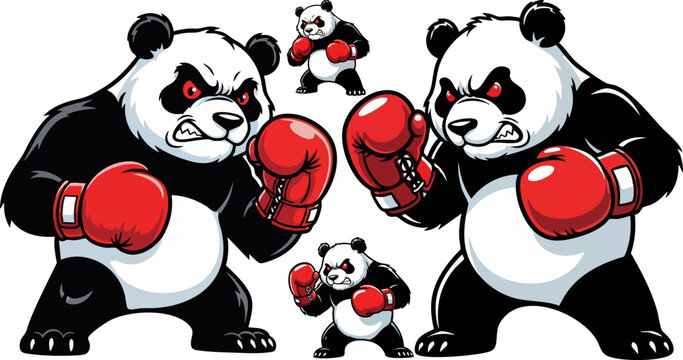 Vector illustration of two angry panda bears wearing red boxing gloves