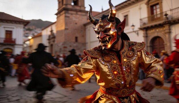 Man in traditional Diablo costume with mask and horns dancing in Oruro street. Bolivian carnival celebration. Folkloric parade.