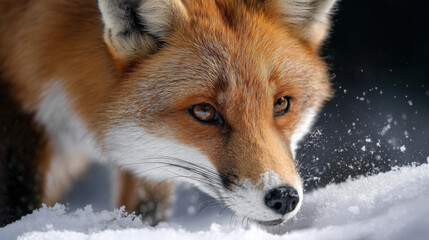Obraz premium Red fox winter snow wildlife macro closeup fur nose eye alert red fox in winter snow wildlife macro closeup fur nose eye alert gaze hunting focus sensing prey detail natural light