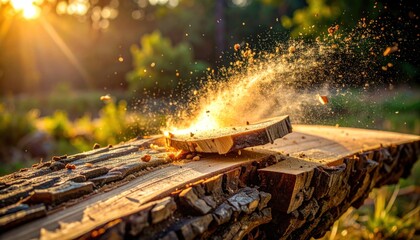 Wooden log slice being cut with sawdust scattering in bright sunlight