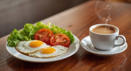 A flavorful dish containing fried eggs vine ripened tomatoes green lettuce and a steaming coffee cup set on a table