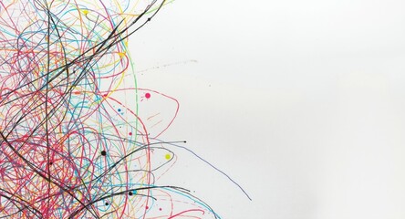 Chaotic multicolor marker doodles on matte white paper texture with copy space
