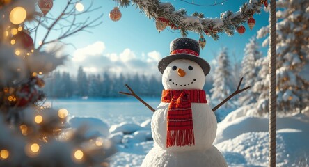 Snowman with joyful decorations posing amid a frosty winter landscape