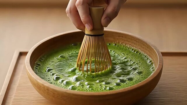 Closeup Hand whisks vibrant green matcha tea in a wooden bowl using a traditional bamboo chasen Healthy drink Japanese ritual slow living