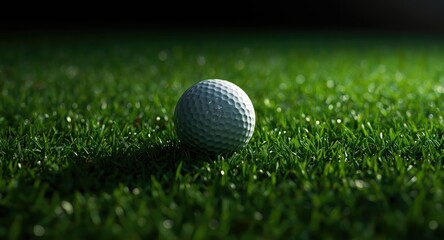 Obraz premium Golf ball macro view on lush green grass with open space for text above