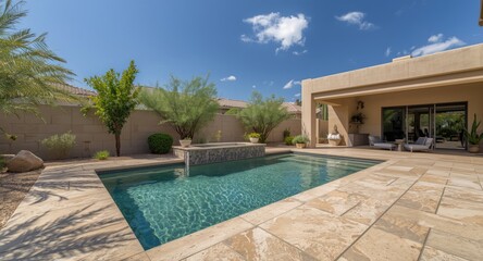 Fototapeta premium Modern desert backyard featuring a pebble tech swimming pool and travertine stone patio