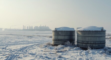 Obraz premium Snow-covered large metal tanks in a freezing industrial landscape