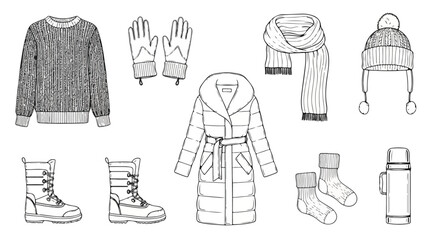 A collection of winter clothing and accessories for cold weather protection Vector © Alex