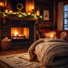 fireplace, Warm glowing fireplace with decorated mantel, stockings, soft knit blankets, wooden cabin interior, cinematic lighting