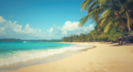 Naklejka premium Outdoor tropical shore with dreamy bokeh and dynamic bright wave background in vintage style for adventure copy space