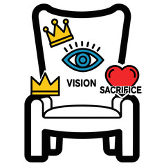 Leadership Vision and Sacrifice Throne Icon with Crown, Eye, and Heart, Symbolizing Strategic Decision-Making and Commitment