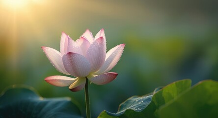 Sunlit blooming lotus with dewdrops sparkling on petals