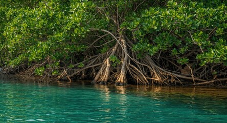 Obraz premium Rich mangrove vegetation with intertwined roots thriving by water with copy space