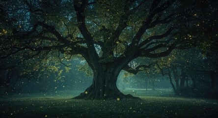 Fototapeta premium Fairy tale forest scene glowing with radiant fireflies and mystical night