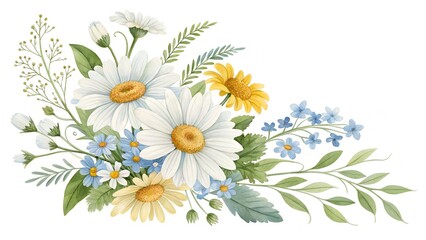 Fototapeta premium Bouquet of white daisies and chamomile flowers isolated on a bright background with yellow blossoms and fresh spring garden beauty